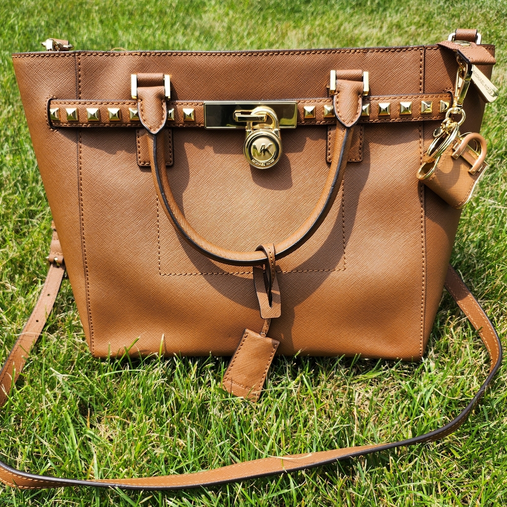 Michael Kors Brown Leather Tote Bag with purse charm
